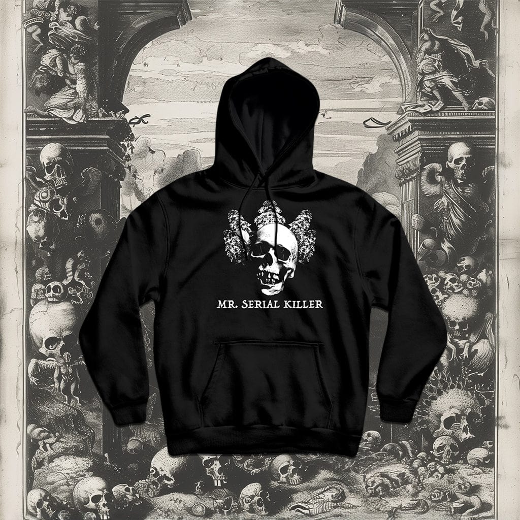 Follow Your Shadow: Mr. Serial Killer Macabre Graphic Black Hoodie - Dark Macabre Collection Mockup