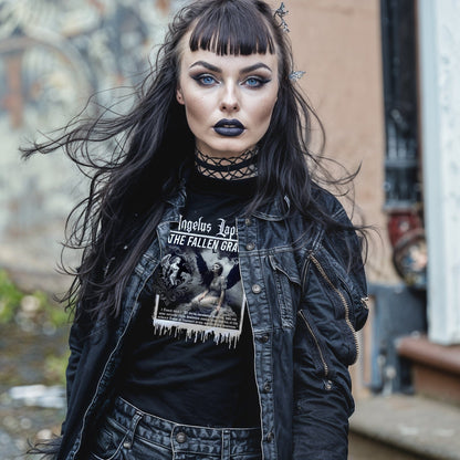 Goth model wearing Gadreel: The Fallen Grace - Tears of the Exiled Black Graphic T-Shirt