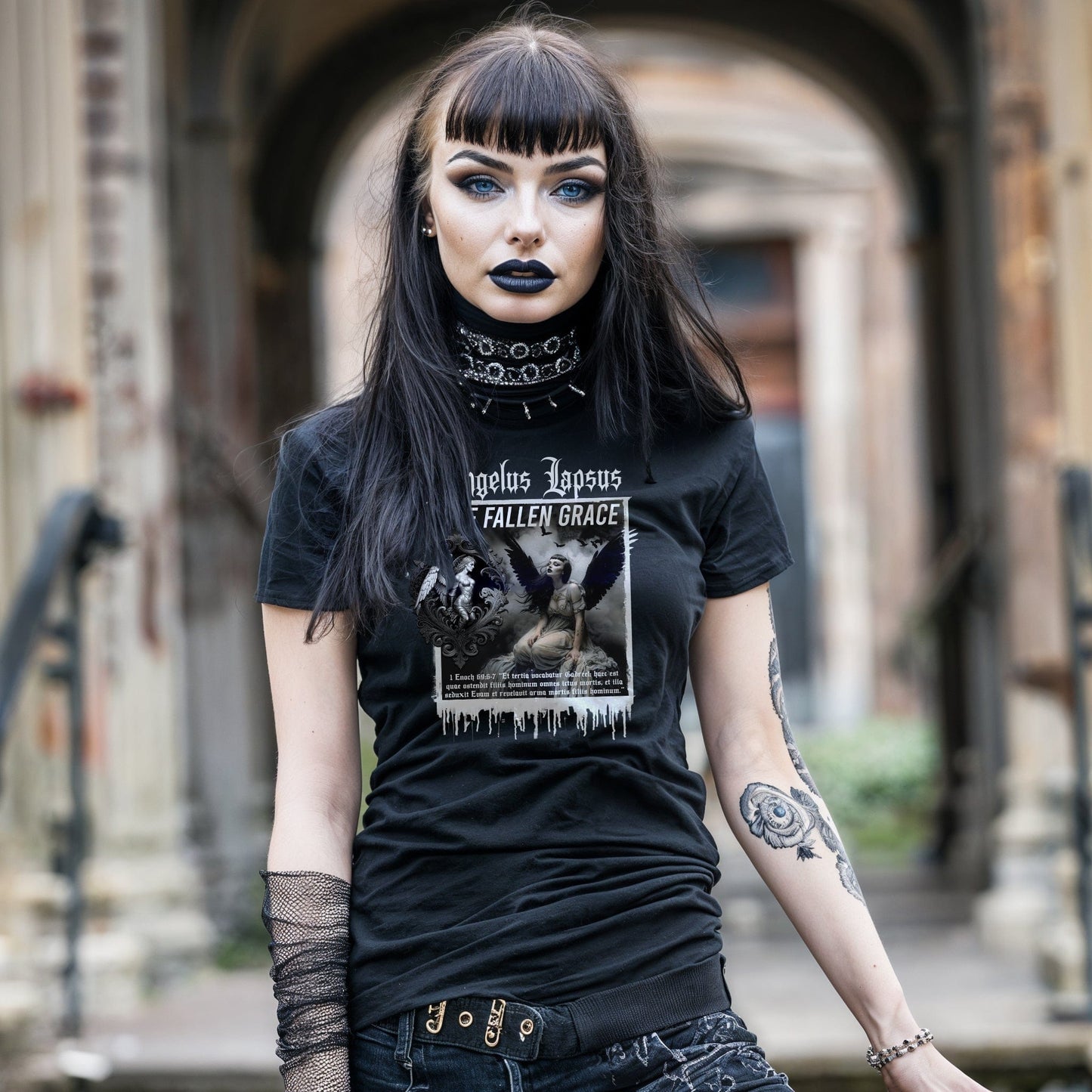 Goth model wearing Gadreel: The Fallen Grace - Tears of the Exiled Black Graphic T-Shirt