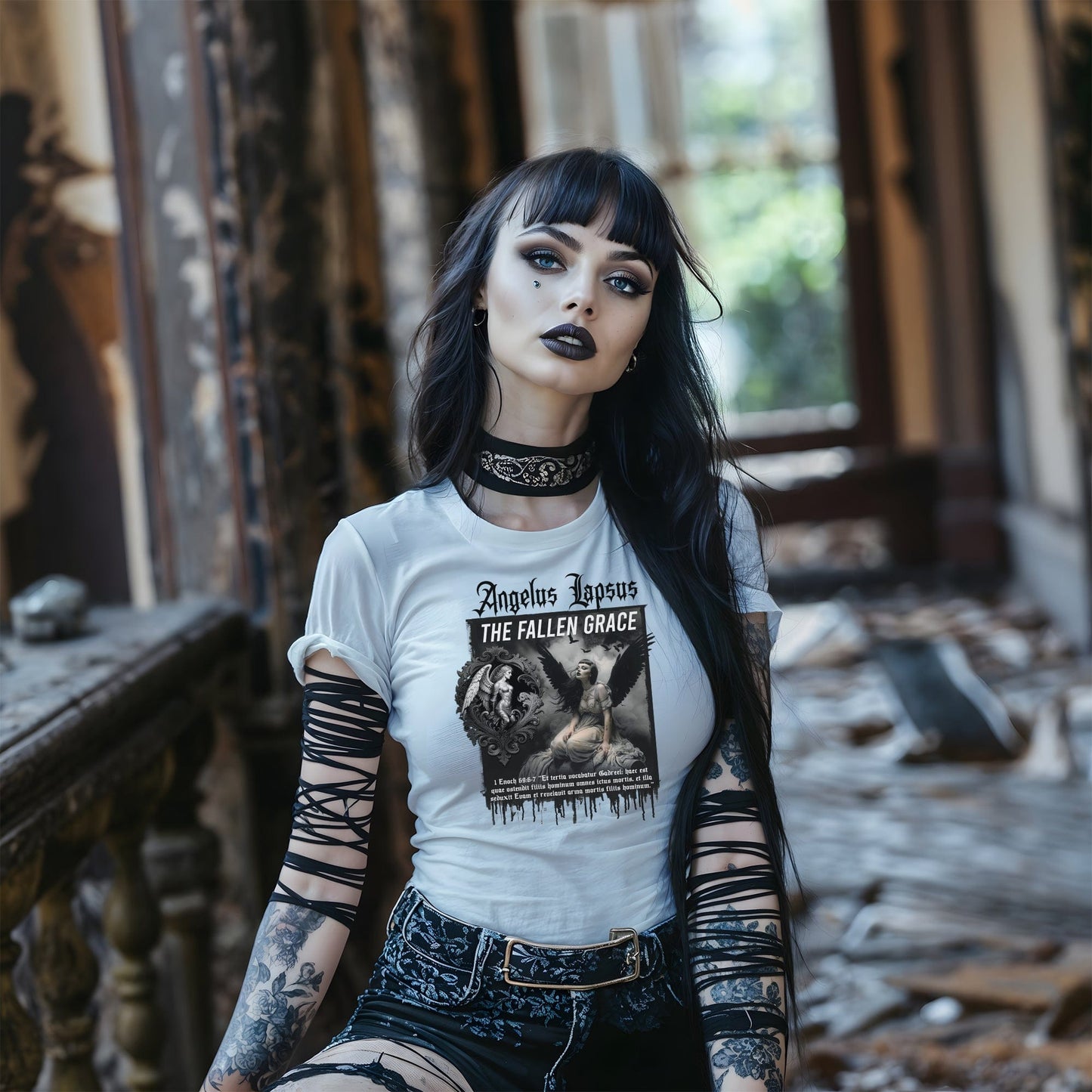 Goth model wearing Gadreel: The Fallen Grace - Tears of the Exiled White Graphic T-Shirt