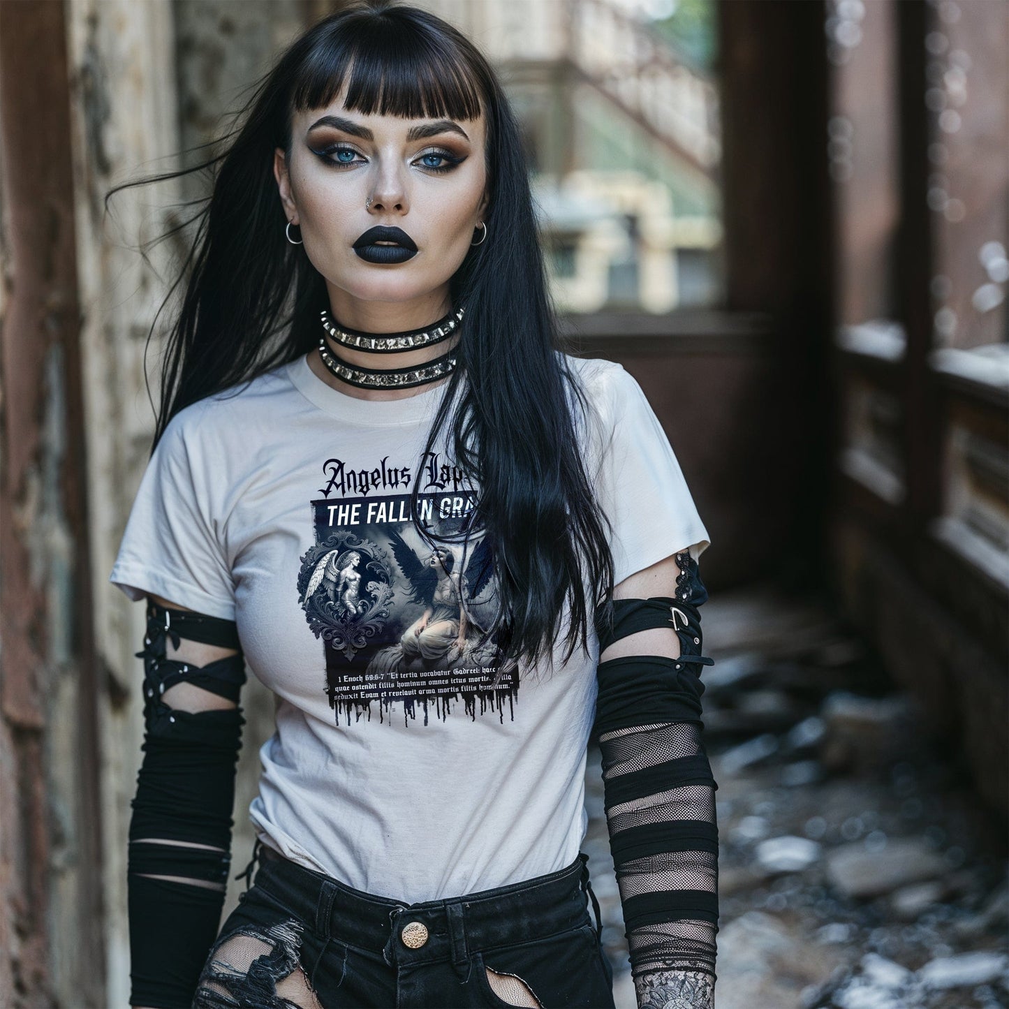 Goth model wearing Gadreel: The Fallen Grace - Tears of the Exiled White Graphic T-Shirt