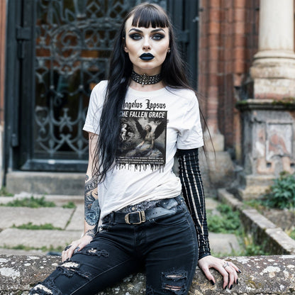 Goth model wearing Gadreel: The Fallen Grace - Tears of the Exiled White Graphic T-Shirt