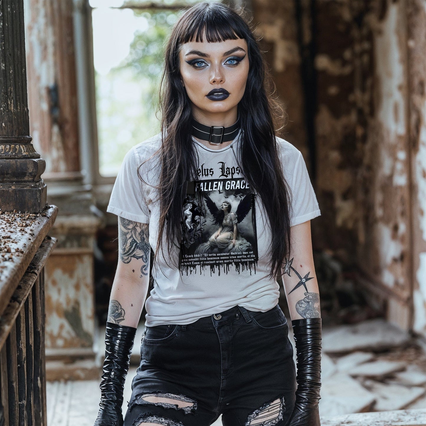 Goth model wearing Gadreel: The Fallen Grace - Tears of the Exiled White Graphic T-Shirt