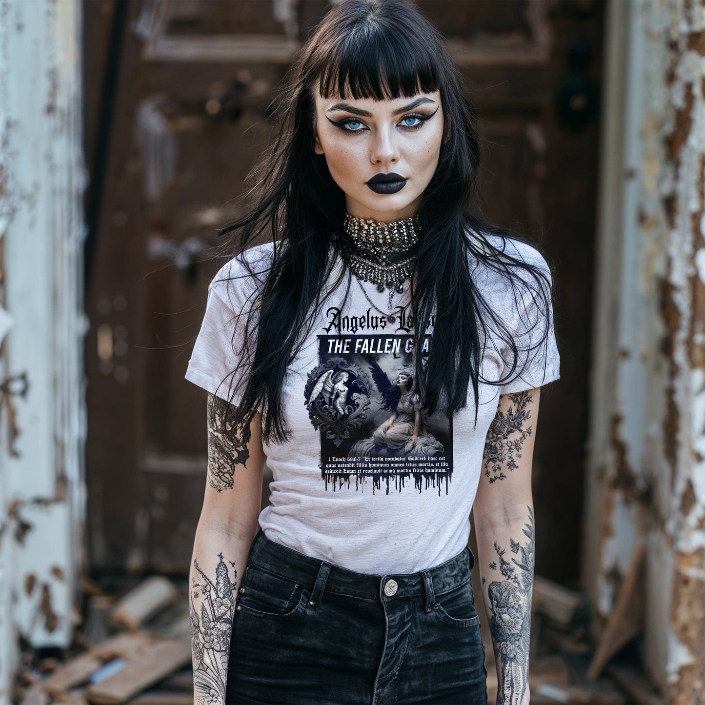 Goth model wearing Gadreel: The Fallen Grace - Tears of the Exiled White Graphic T-Shirt