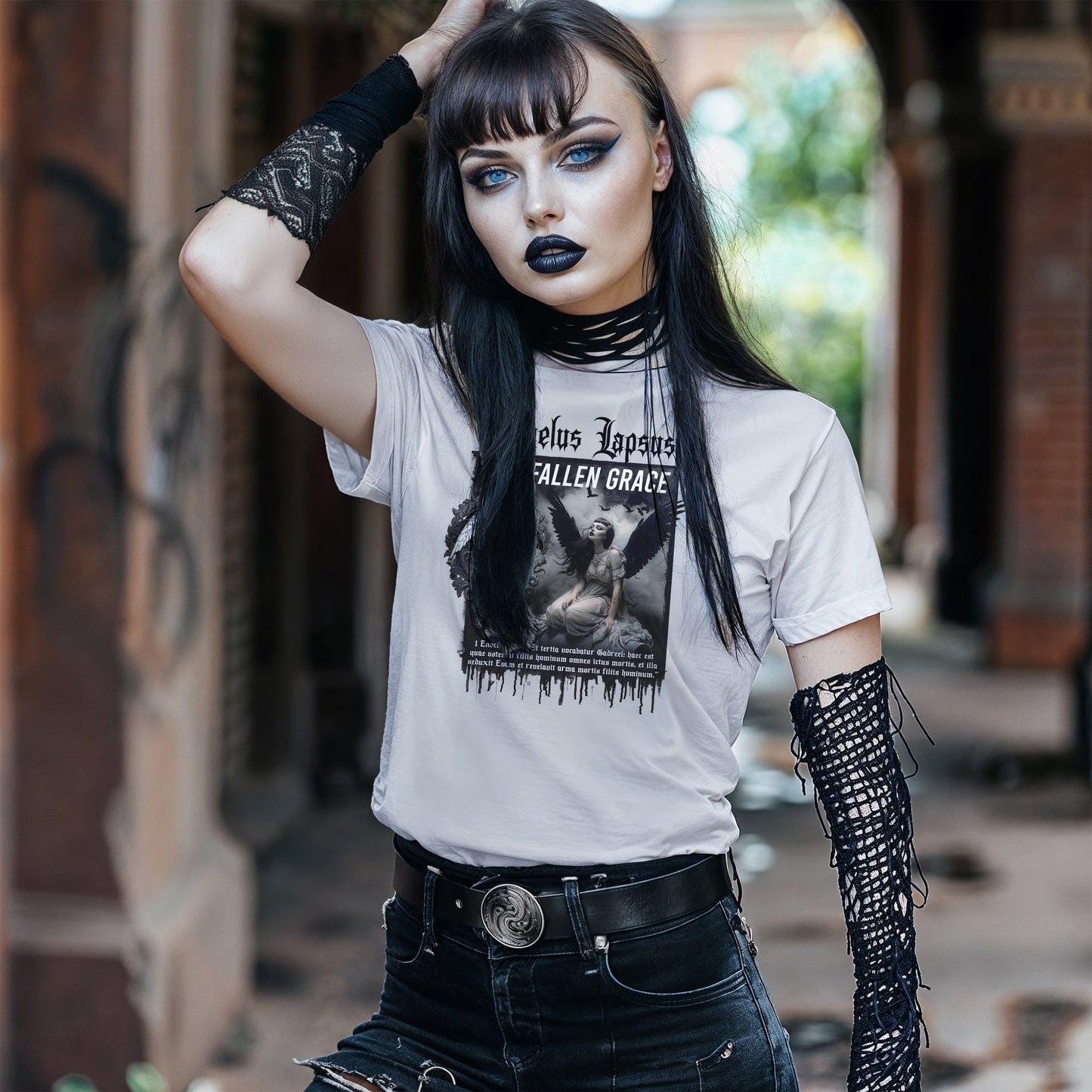 Goth model wearing Gadreel: The Fallen Grace - Tears of the Exiled White Graphic T-Shirt