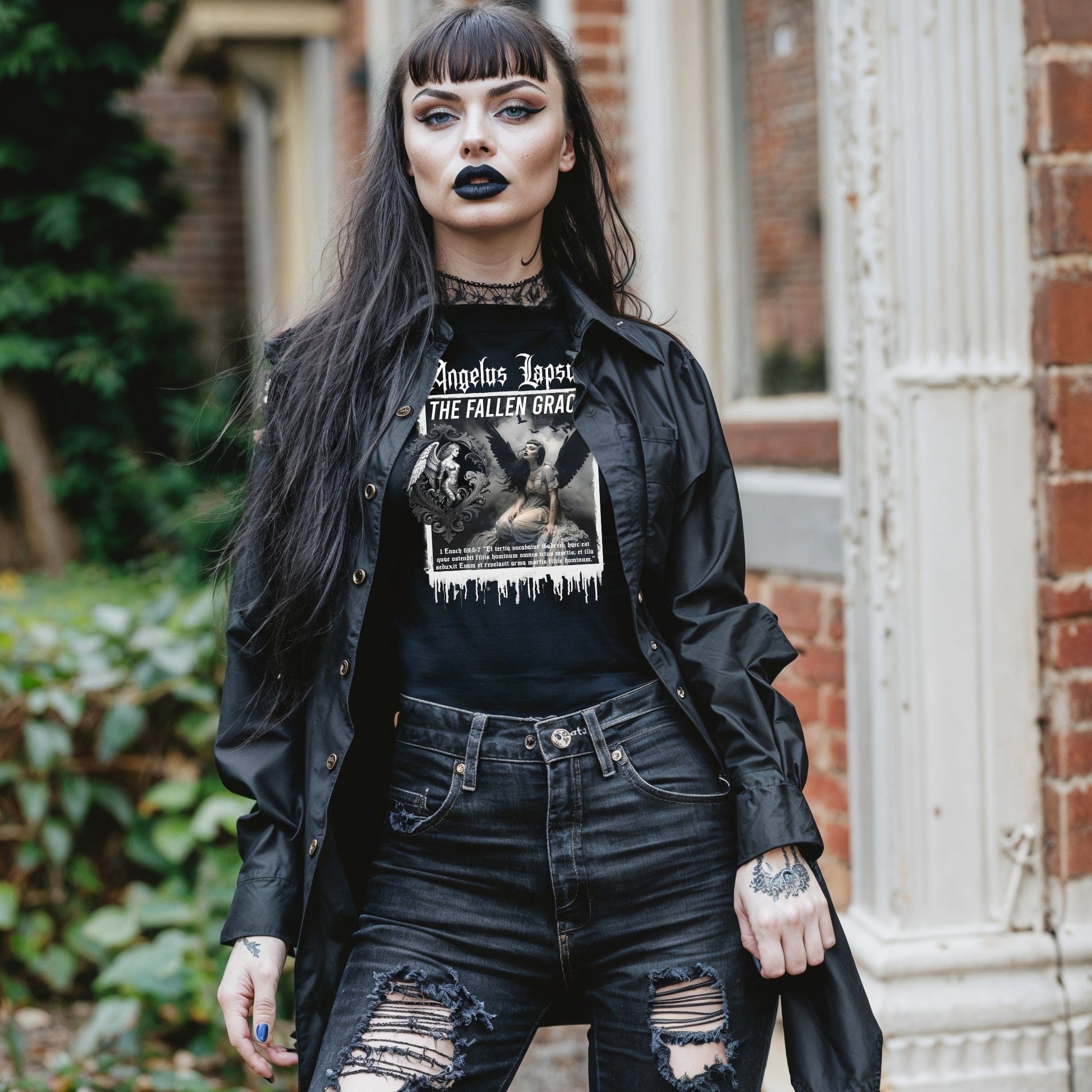 Goth model wearing Gadreel: The Fallen Grace - Tears of the Exiled Black Graphic T-Shirt