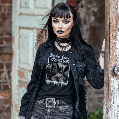 Goth model wearing Gadreel: The Fallen Grace - Tears of the Exiled Black Graphic T-Shirt