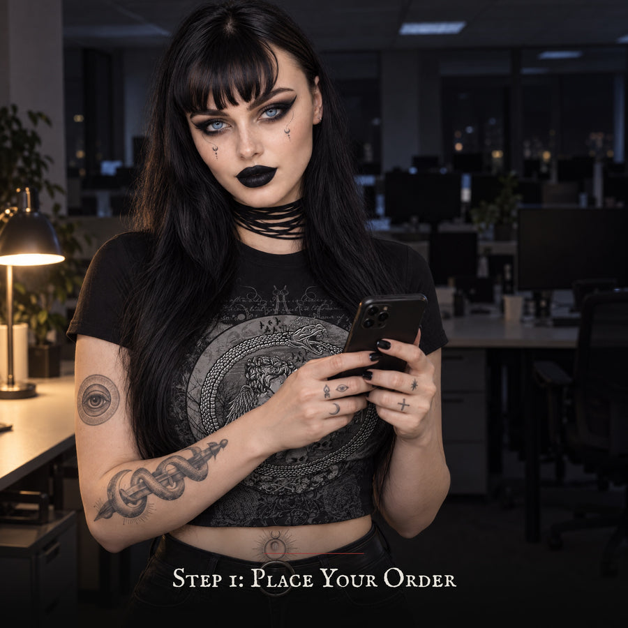 Step 1, place your order: a goth woman orders the curse on her phone at night