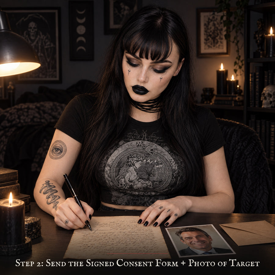 Step 2: she signs the consent form beside the photograph of her target