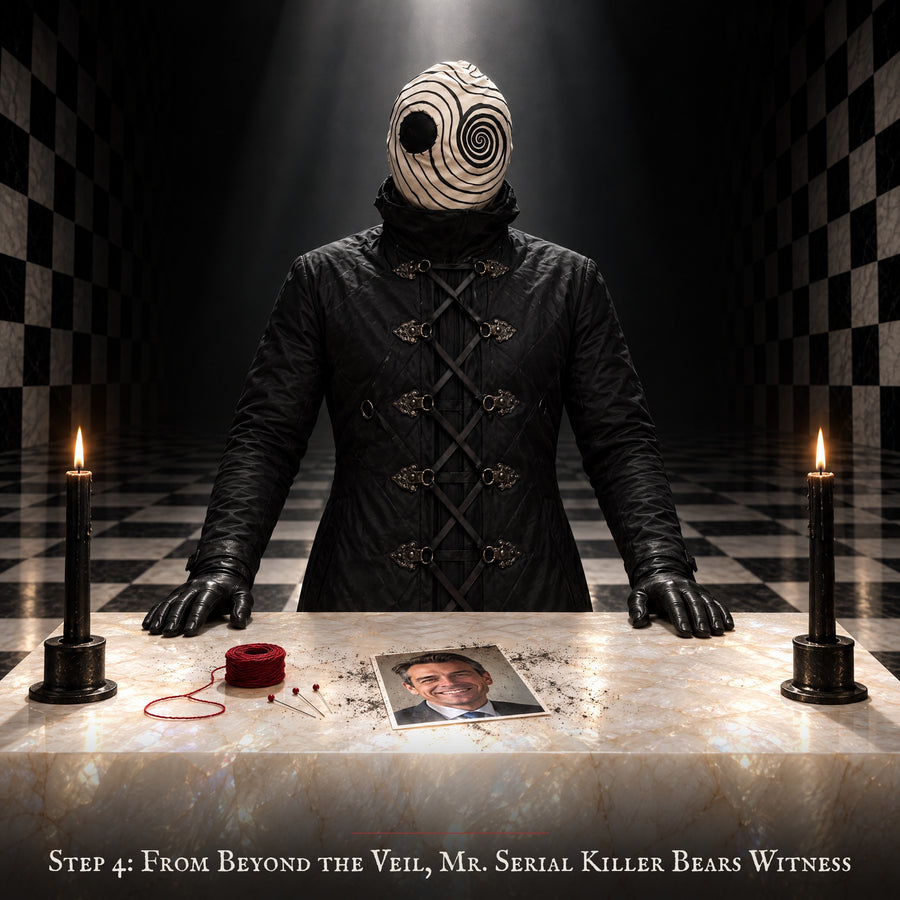 Step 4: from beyond the veil, Mr. Serial Killer bears witness at an alabaster altar in the Duality Room