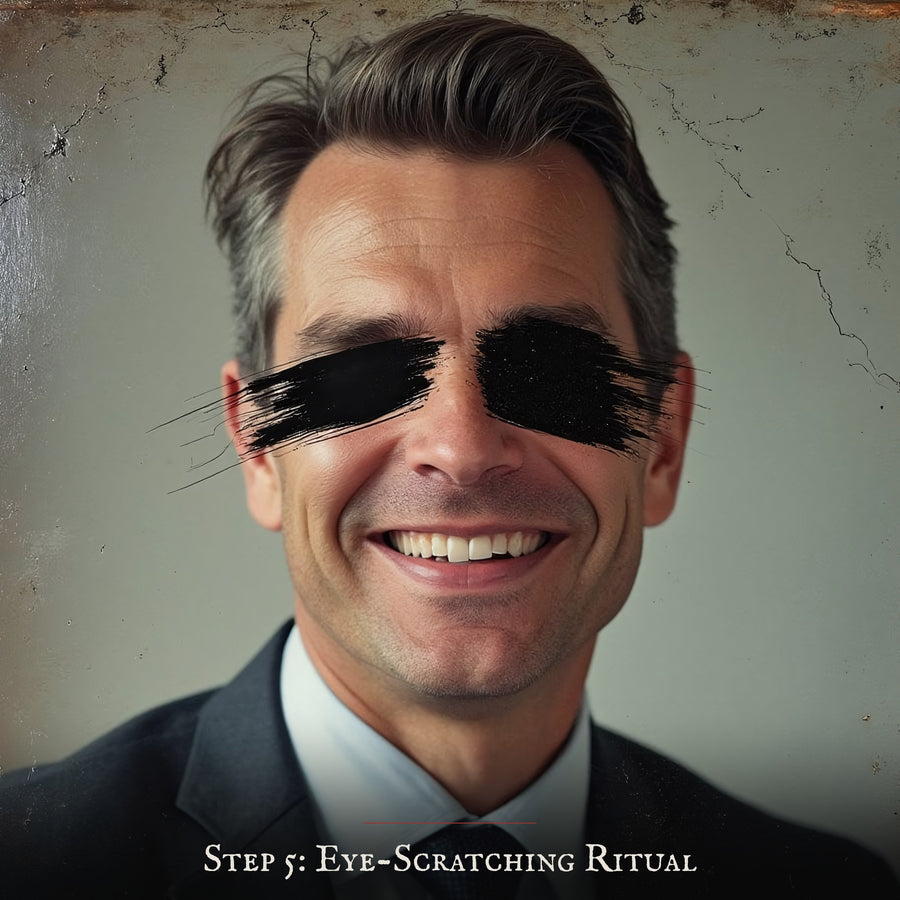 Step 5: the eye-scratching ritual, the target's eyes scored out of his photograph