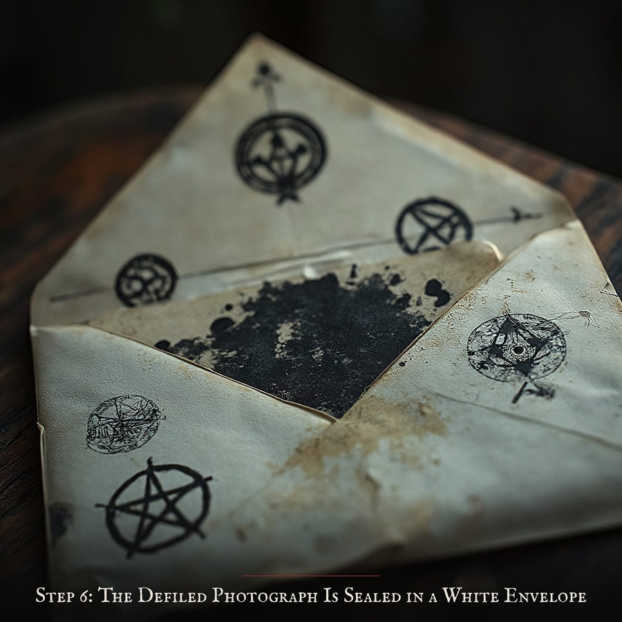 Step 6: the defiled photograph is sealed in a white envelope marked with pentagrams
