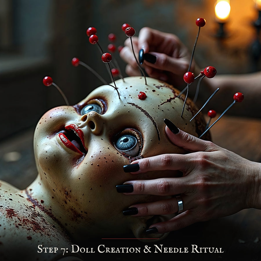 Step 7: needles are driven into the porcelain doll's head