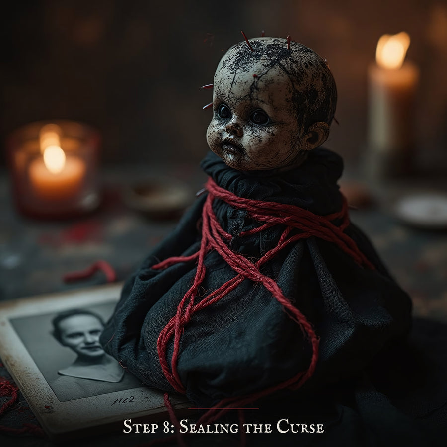 Step 8: the doll is bound in black cloth and red thread beside the photograph