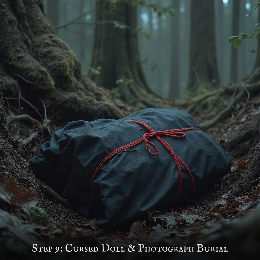 Step 9: the cursed doll and photograph are buried among the roots of the forest