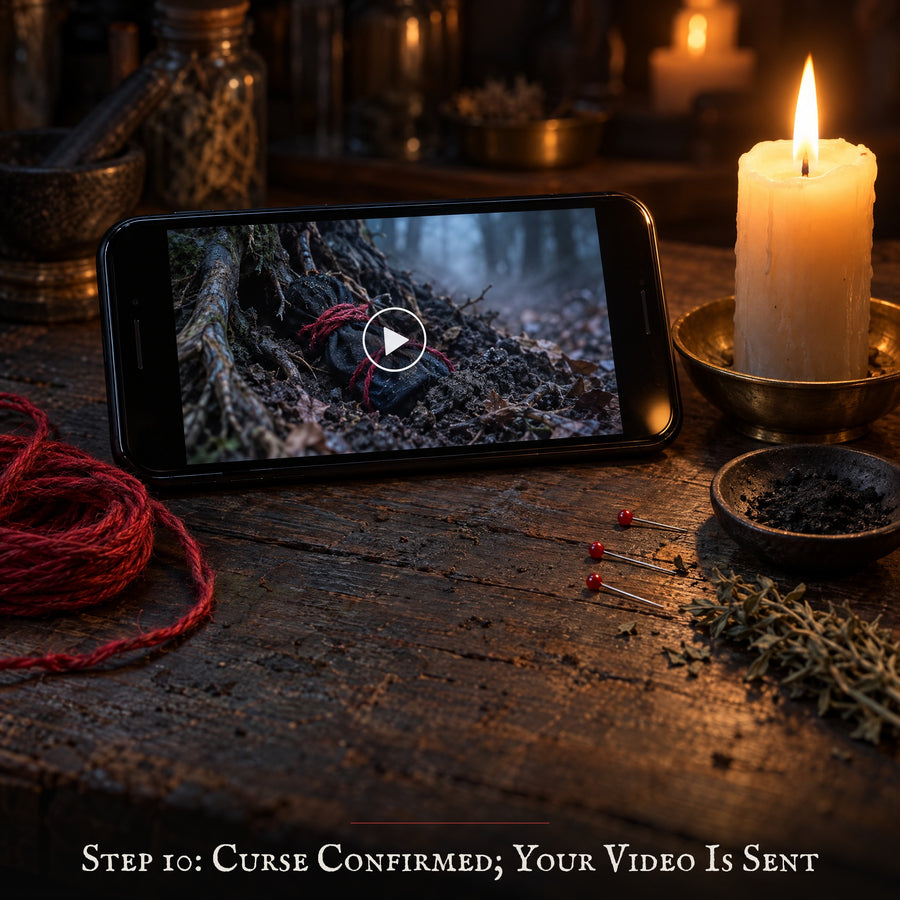 Step 10: curse confirmed, the burial video plays on a phone beside a candle and red thread