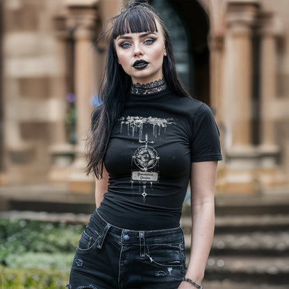 Transmutatio Obscura Graphic T-Shirt with Dark Lover Archetype design for modern witches, mystics, and horror fans.