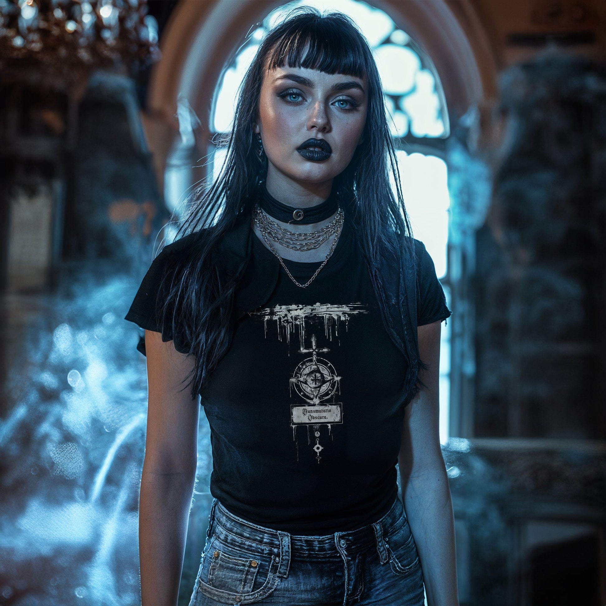 Transmutatio Obscura Graphic T-Shirt with Dark Lover Archetype design for modern witches, mystics, and horror fans.