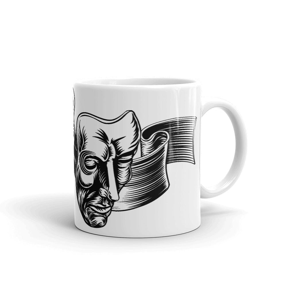 Mockup of Esoteric Theatre Masks Coffee Mug featuring comedy and tragedy masks design, available in 11oz and 15oz sizes, perfect for mythology enthusiasts and philosophers.