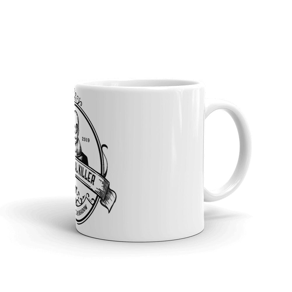 Mockup of the 'Follow Your Shadow' coffee mug featuring Mr. Serial Killer with a custom illustration and show logo, available in glossy white with black print, in 11oz and 15oz sizes.