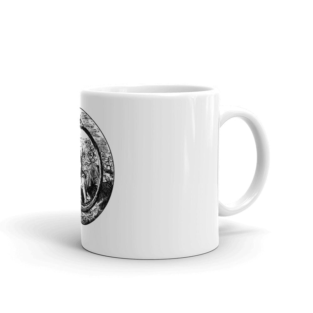 Mockup of Ouroboros and Philosopher Alchemical Art Coffee Mug featuring an alchemical illustration inspired by Renaissance texts, available in 11oz and 15oz sizes, perfect for esoteric enthusiasts and philosophers.