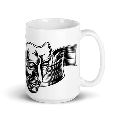 Mockup of Esoteric Theatre Masks Coffee Mug featuring comedy and tragedy masks design, available in 11oz and 15oz sizes, perfect for mythology enthusiasts and philosophers.