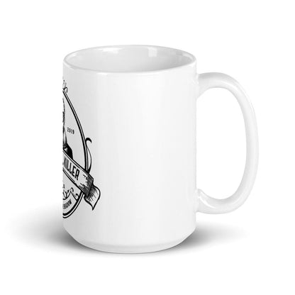 Mockup of the 'Follow Your Shadow' coffee mug featuring Mr. Serial Killer with a custom illustration and show logo, available in glossy white with black print, in 11oz and 15oz sizes.