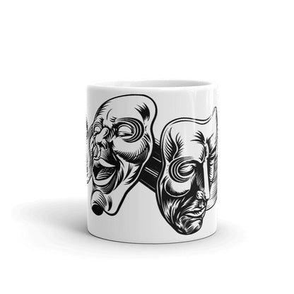 Mockup of Esoteric Theatre Masks Coffee Mug featuring comedy and tragedy masks design, available in 11oz and 15oz sizes, perfect for mythology enthusiasts and philosophers.