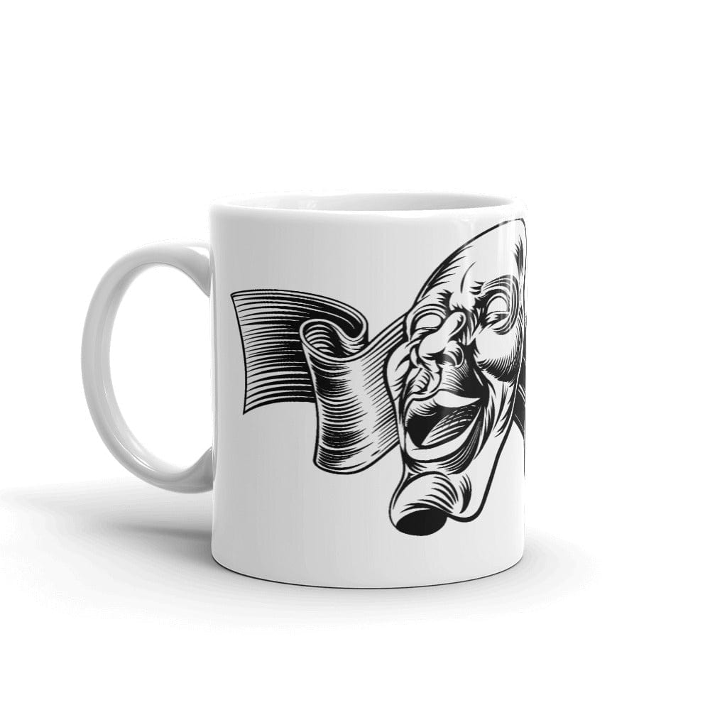 Mockup of Esoteric Theatre Masks Coffee Mug featuring comedy and tragedy masks design, available in 11oz and 15oz sizes, perfect for mythology enthusiasts and philosophers.