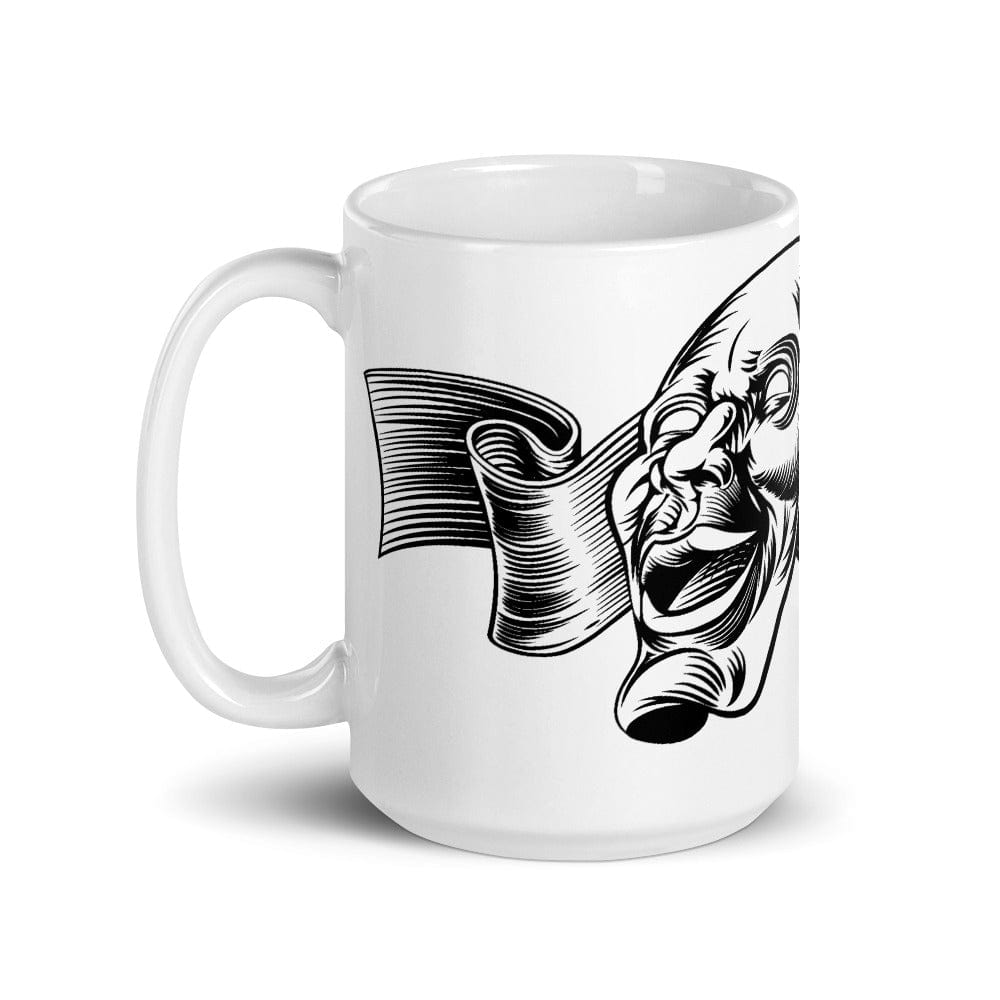 Mockup of Esoteric Theatre Masks Coffee Mug featuring comedy and tragedy masks design, available in 11oz and 15oz sizes, perfect for mythology enthusiasts and philosophers.