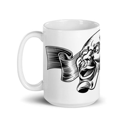 Mockup of Esoteric Theatre Masks Coffee Mug featuring comedy and tragedy masks design, available in 11oz and 15oz sizes, perfect for mythology enthusiasts and philosophers.