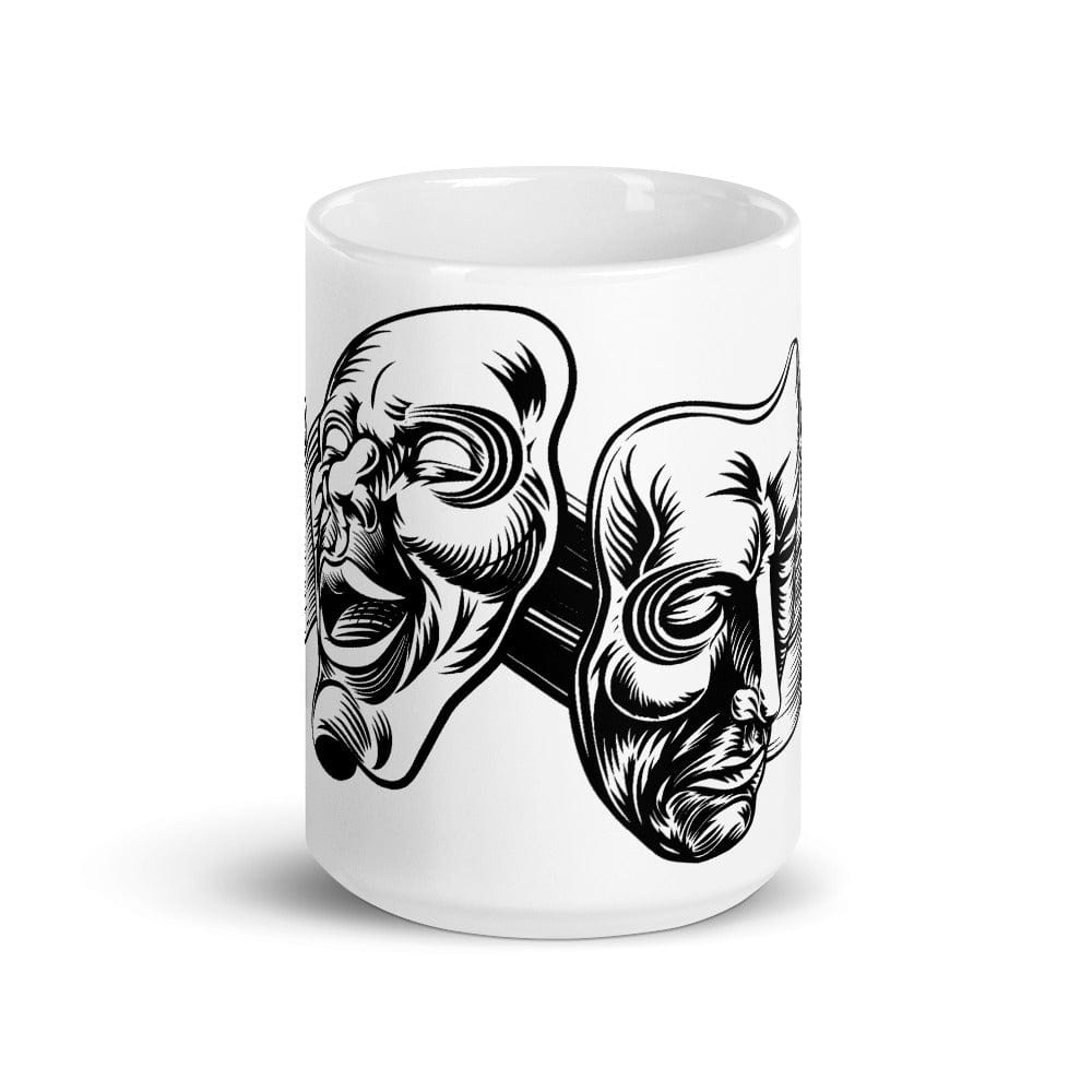 Mockup of Esoteric Theatre Masks Coffee Mug featuring comedy and tragedy masks design, available in 11oz and 15oz sizes, perfect for mythology enthusiasts and philosophers.