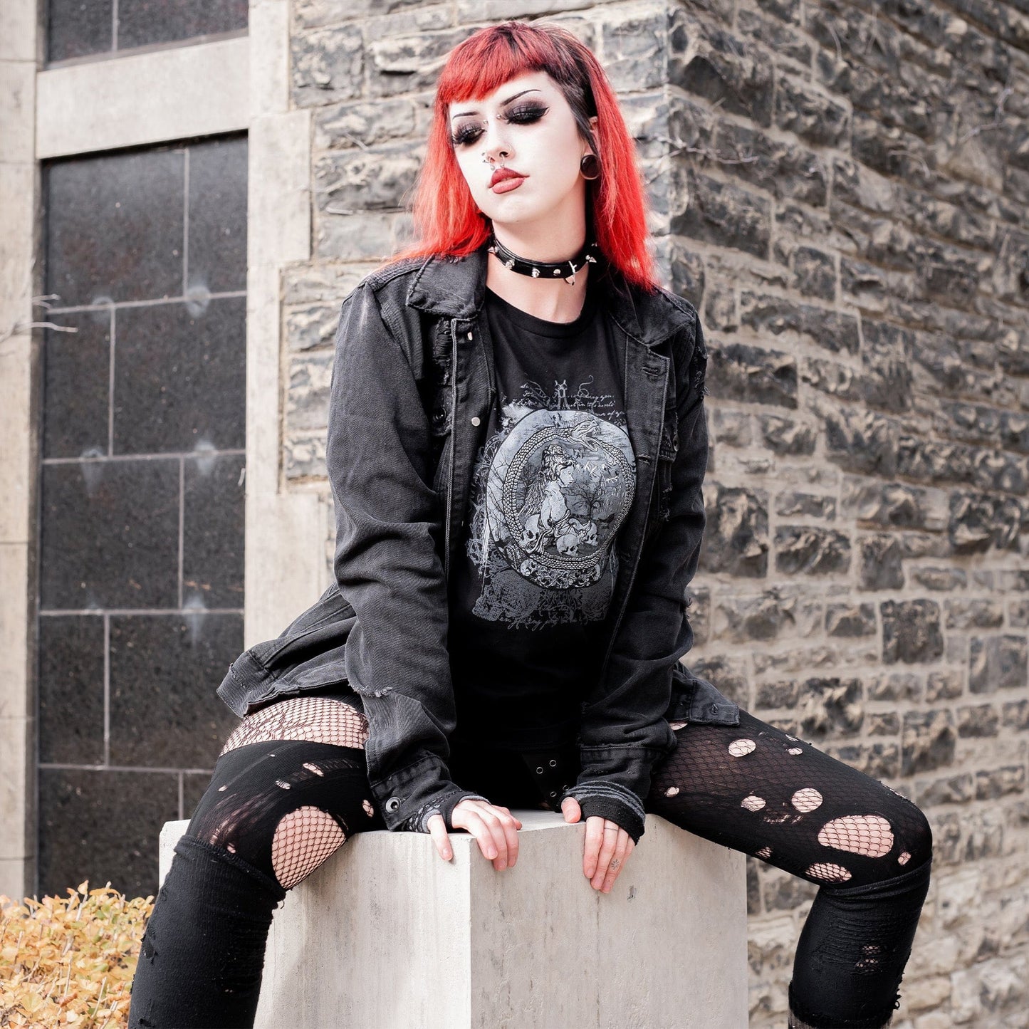 Goth model wearing the Eternal Echoes Graphic T-Shirt with Ouroboros and Divine Child design in a Victorian setting.