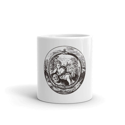 Mockup of Ouroboros and Philosopher Alchemical Art Coffee Mug featuring an alchemical illustration inspired by Renaissance texts, available in 11oz and 15oz sizes, perfect for esoteric enthusiasts and philosophers.