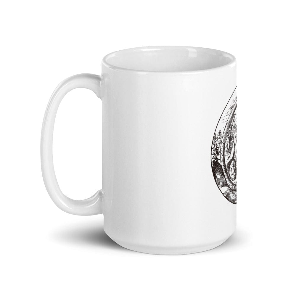 Mockup of Ouroboros and Philosopher Alchemical Art Coffee Mug featuring an alchemical illustration inspired by Renaissance texts, available in 11oz and 15oz sizes, perfect for esoteric enthusiasts and philosophers.