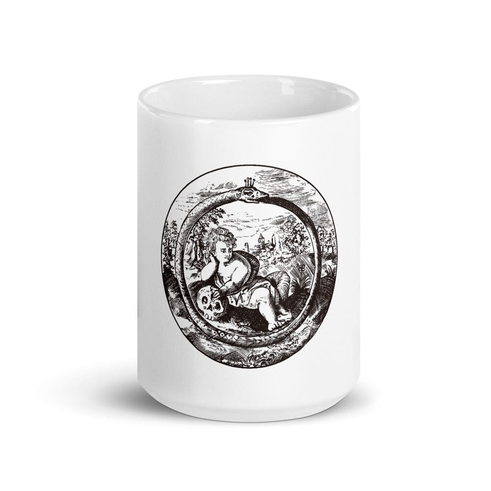 Mockup of Ouroboros and Philosopher Alchemical Art Coffee Mug featuring an alchemical illustration inspired by Renaissance texts, available in 11oz and 15oz sizes, perfect for esoteric enthusiasts and philosophers.