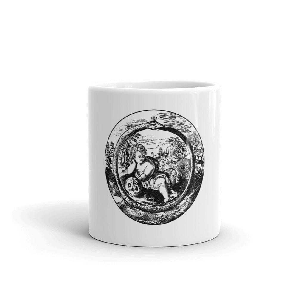 Mockup of Ouroboros and Philosopher Alchemical Art Coffee Mug featuring an alchemical illustration inspired by Renaissance texts, available in 11oz and 15oz sizes, perfect for esoteric enthusiasts and philosophers.