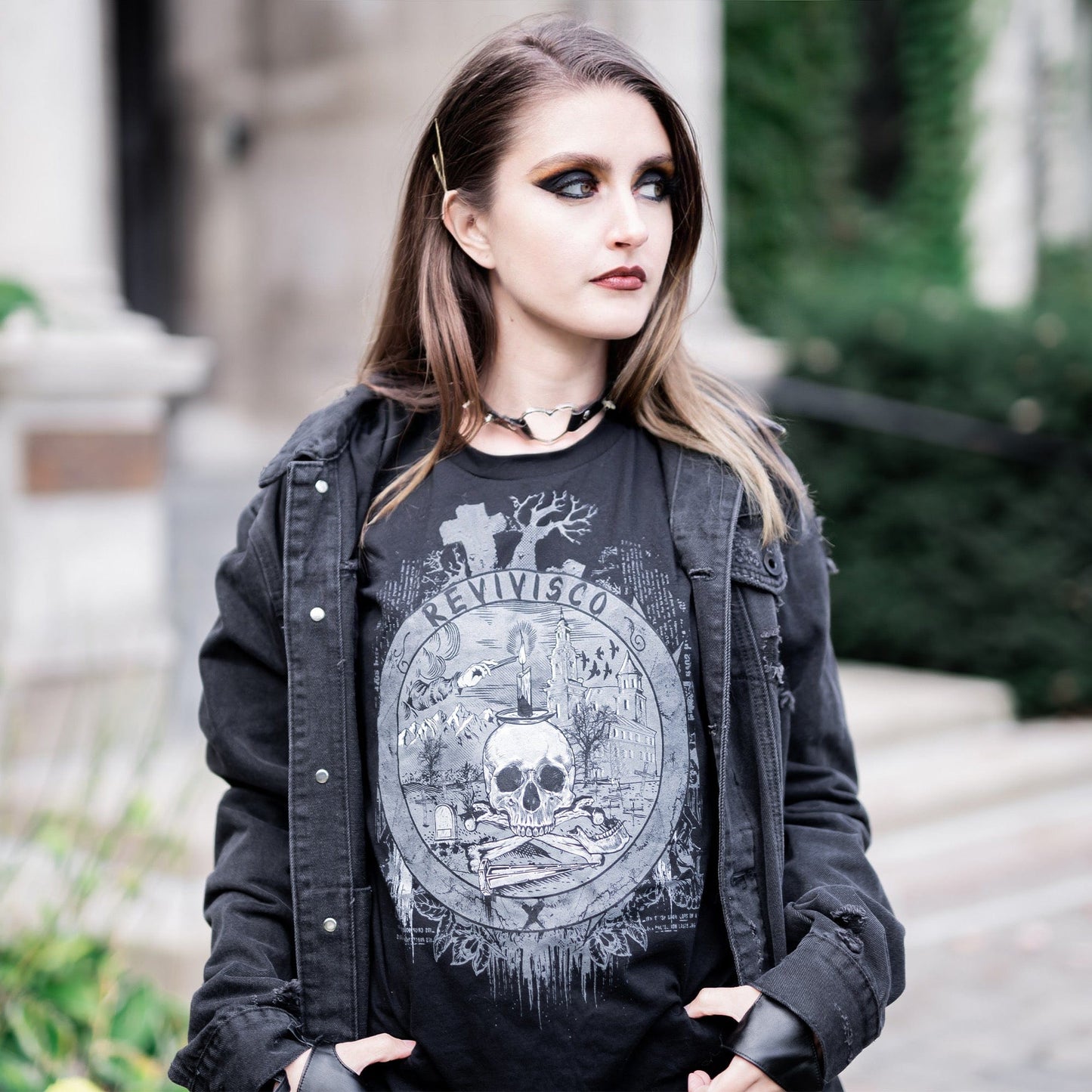 Goth model wearing the Revivisco Graphic T-Shirt, showcasing the ancient sigil design and dark aesthetic appeal.