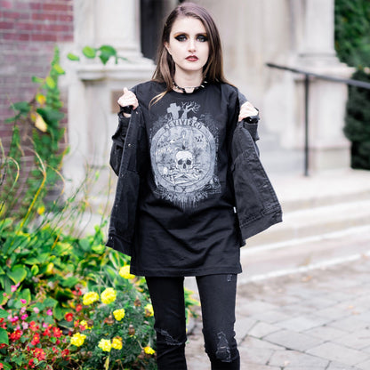 Goth model wearing the Revivisco Graphic T-Shirt, showcasing the ancient sigil design and dark aesthetic appeal.