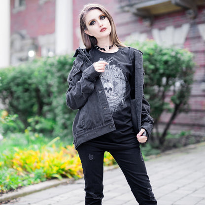 Goth model wearing the Revivisco Graphic T-Shirt, showcasing the ancient sigil design and dark aesthetic appeal.