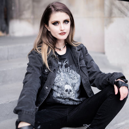 Goth model wearing the Revivisco Graphic T-Shirt, showcasing the ancient sigil design and dark aesthetic appeal.