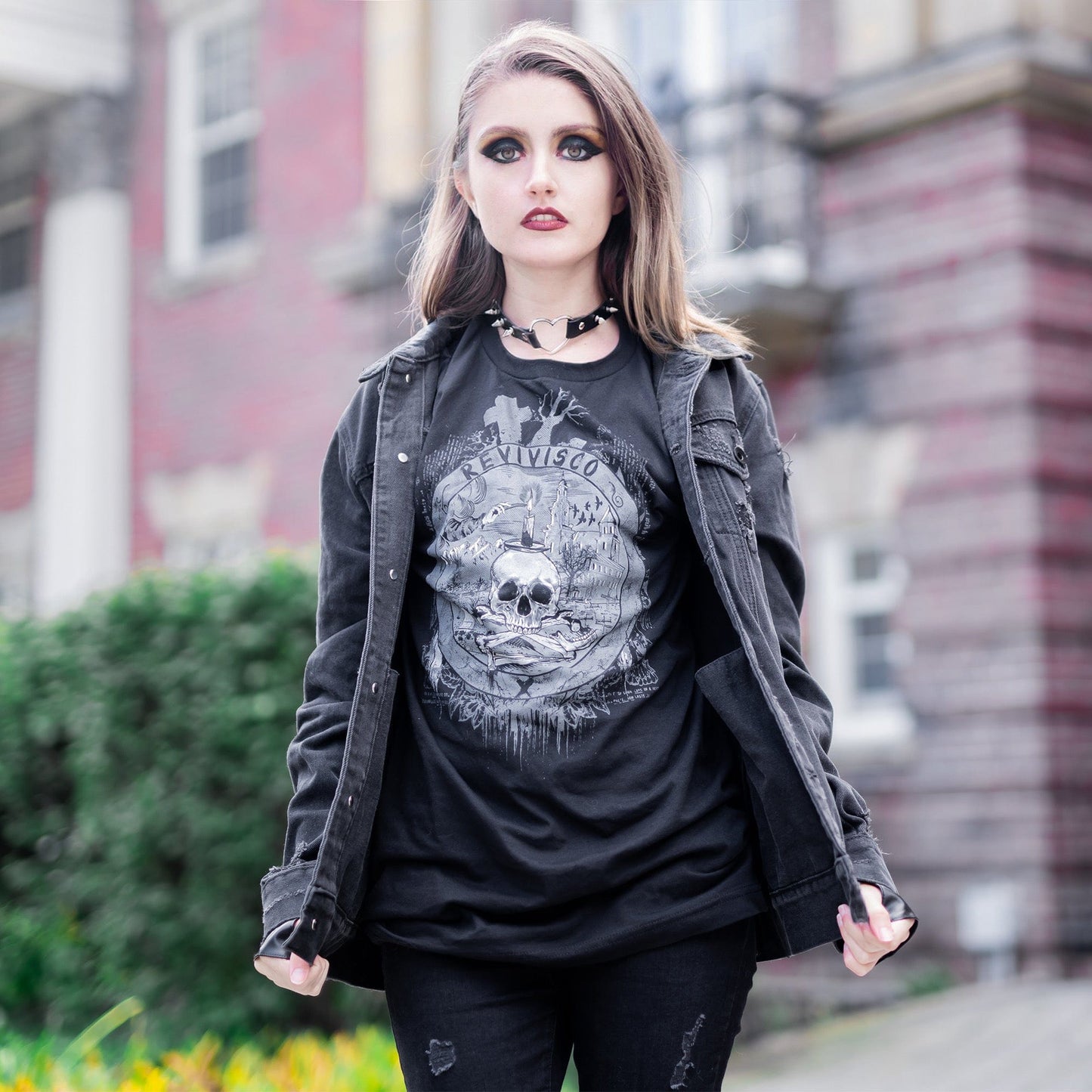 Goth model wearing the Revivisco Graphic T-Shirt, showcasing the ancient sigil design and dark aesthetic appeal.