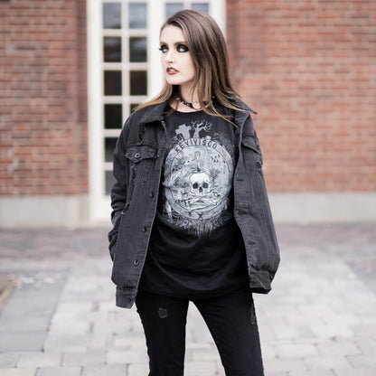 Goth model wearing the Revivisco Graphic T-Shirt, showcasing the ancient sigil design and dark aesthetic appeal.